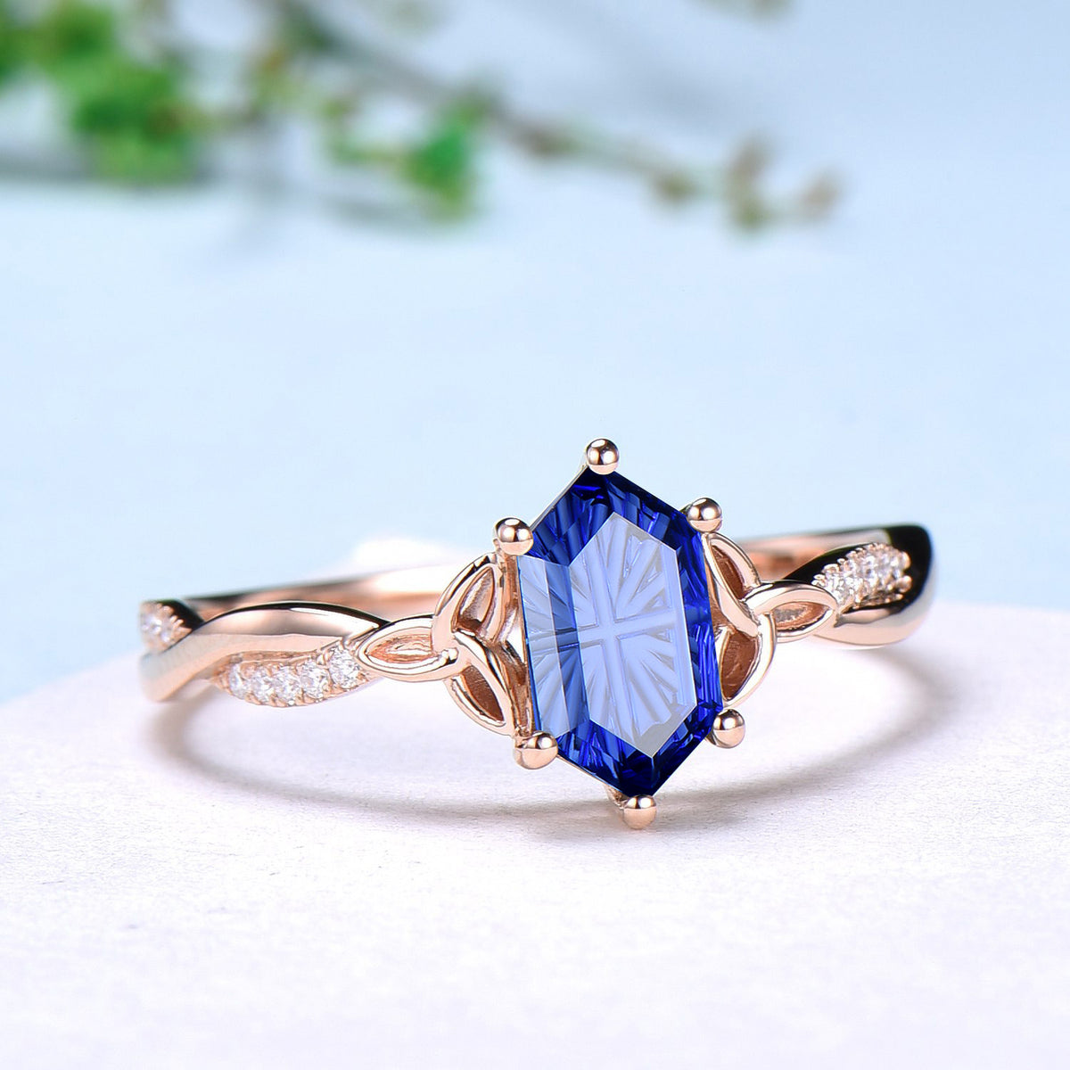 Long Hexagon Shaped Fantasy Cut Blue Sapphire Celtic Knot Engagement Ring