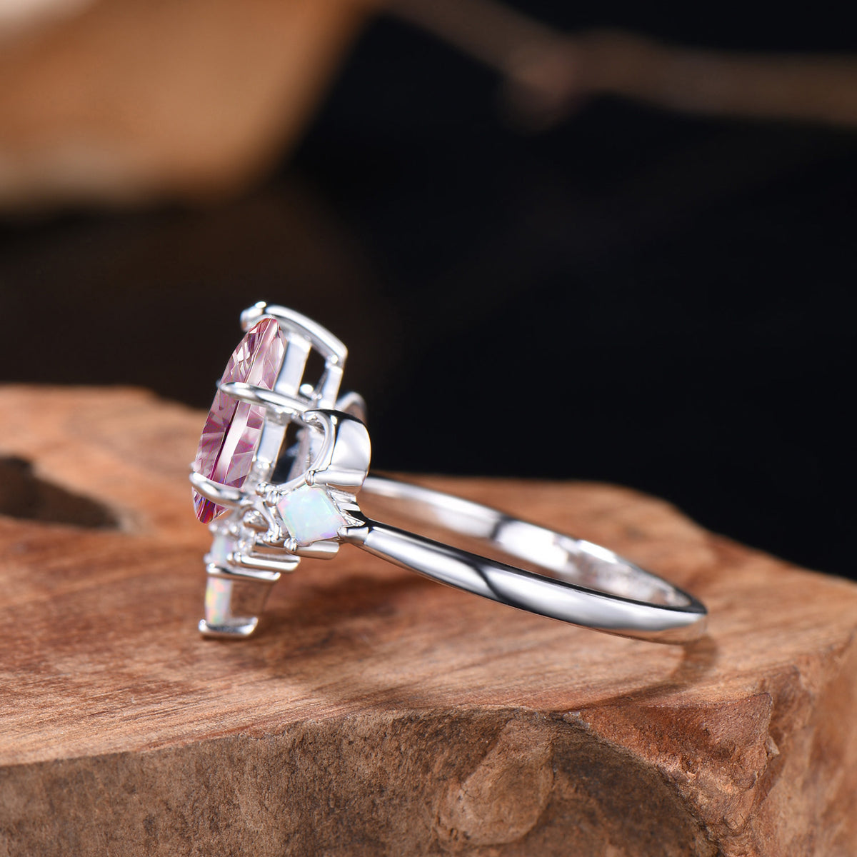 Art Deco Fantasy Cut Kite Shaped Padparadscha Sapphire Engagement Ring,White Opal Accent Ring