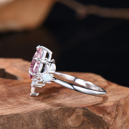 Art Deco Fantasy Cut Kite Shaped Padparadscha Sapphire Engagement Ring,White Opal Accent Ring