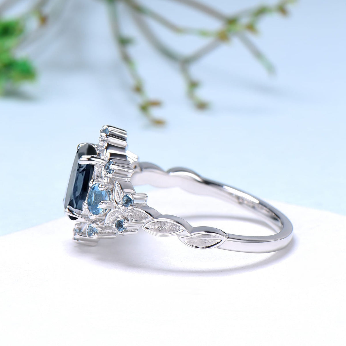 Vintage Oval London Blue Topaz Engagement Ring, Leaf Vine Blue Gemstone Cluster Ring, Flower Halo Promise Ring, Anniversary Gift for Her