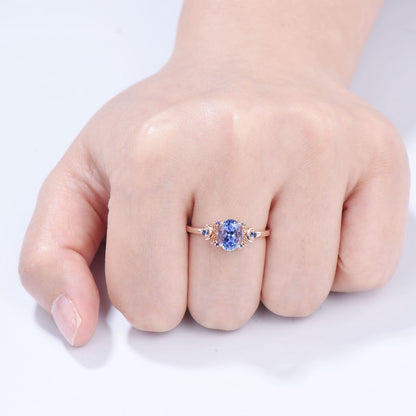 Unique Oval Natural Tanzanite Engagement Ring Cluster Sapphire Moon Wedding Ring Floral 14K Rose Gold Handmade Anniversary Proposal Gift - PENFINE