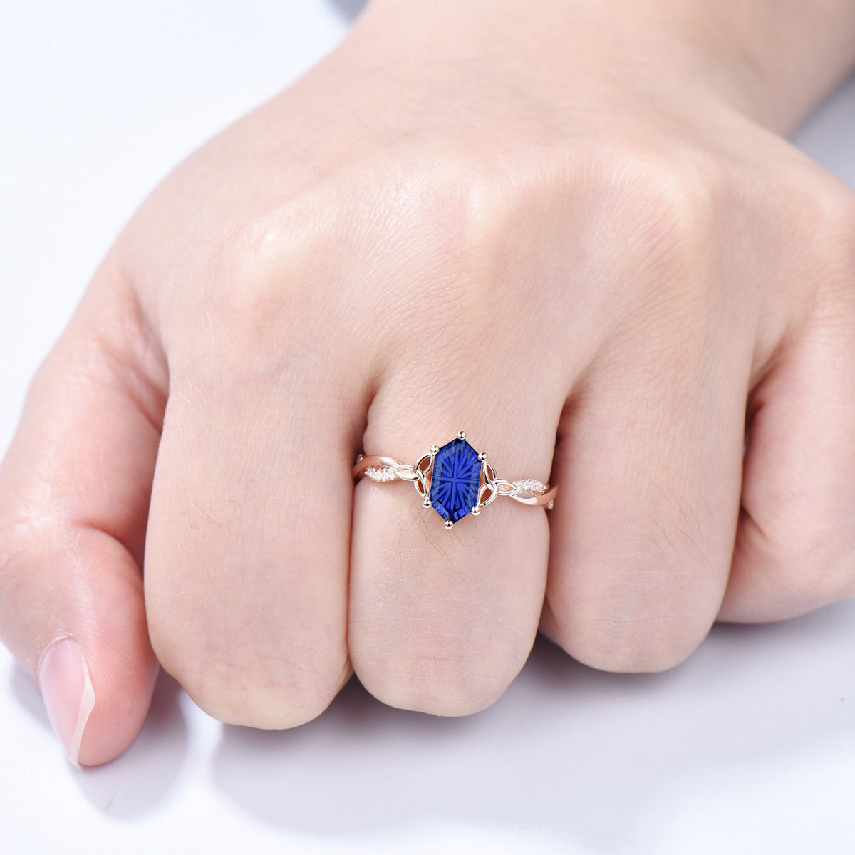 Long Hexagon Shaped Fantasy Cut Blue Sapphire Celtic Knot Engagement Ring