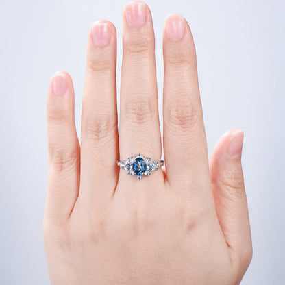 Vintage Oval London Blue Topaz Engagement Ring, Leaf Vine Blue Gemstone Cluster Ring, Flower Halo Promise Ring, Anniversary Gift for Her
