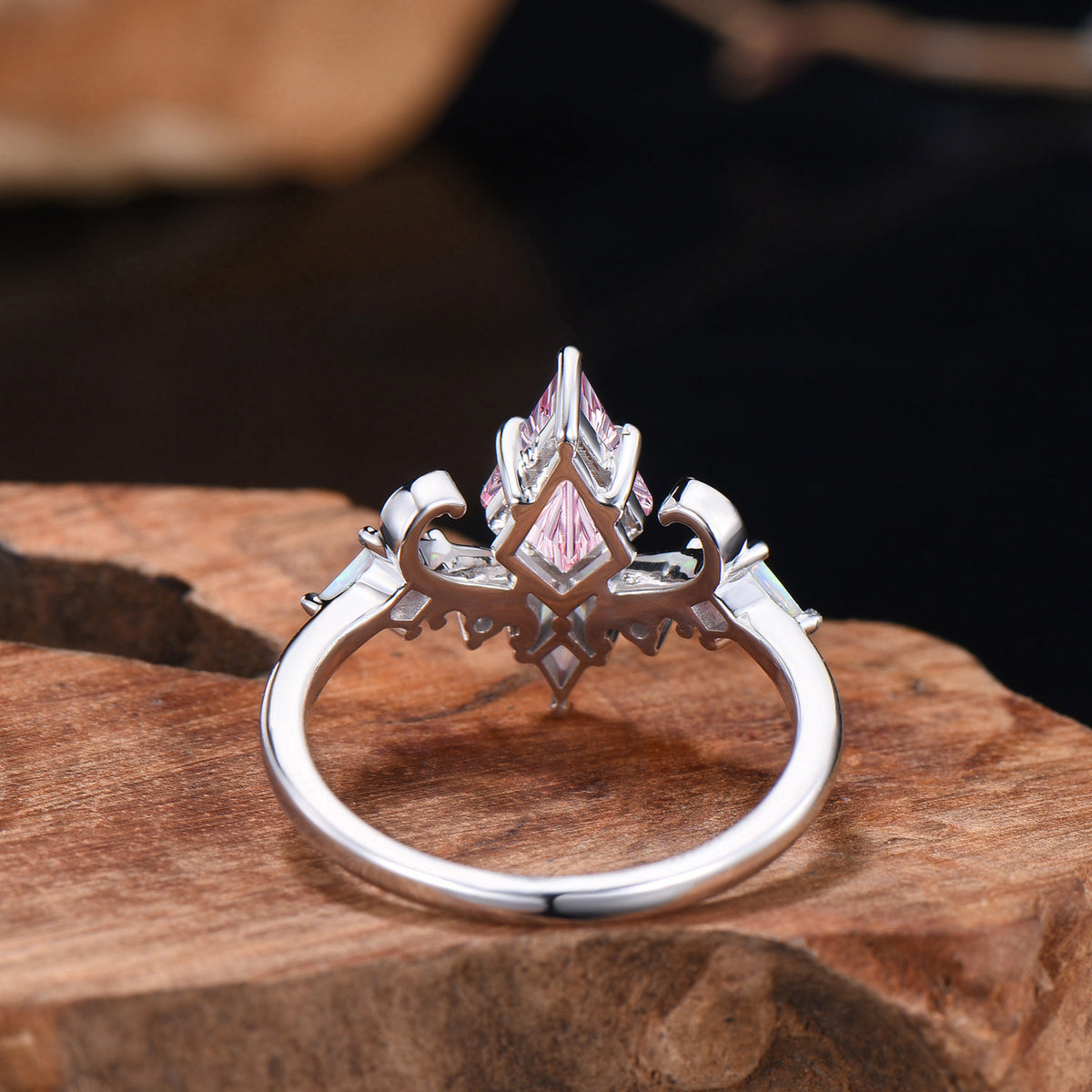 Art Deco Fantasy Cut Kite Shaped Padparadscha Sapphire Engagement Ring,White Opal Accent Ring