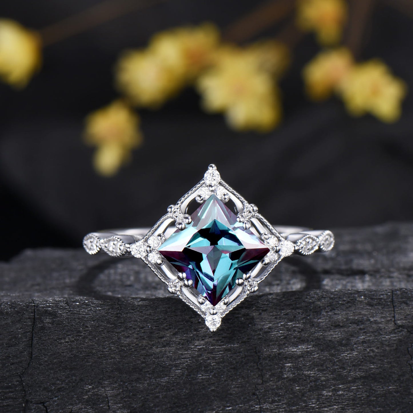 Princess Cut Color-change Alexandrite Engagement Ring Moissanite Curved Band Art Deco Bridal Set