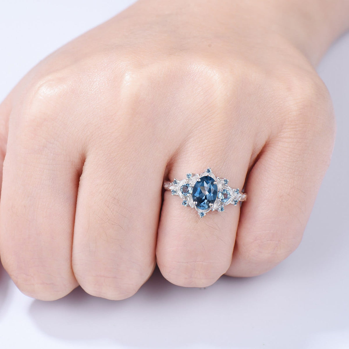 Vintage Oval London Blue Topaz Engagement Ring, Leaf Vine Blue Gemstone Cluster Ring, Flower Halo Promise Ring, Anniversary Gift for Her