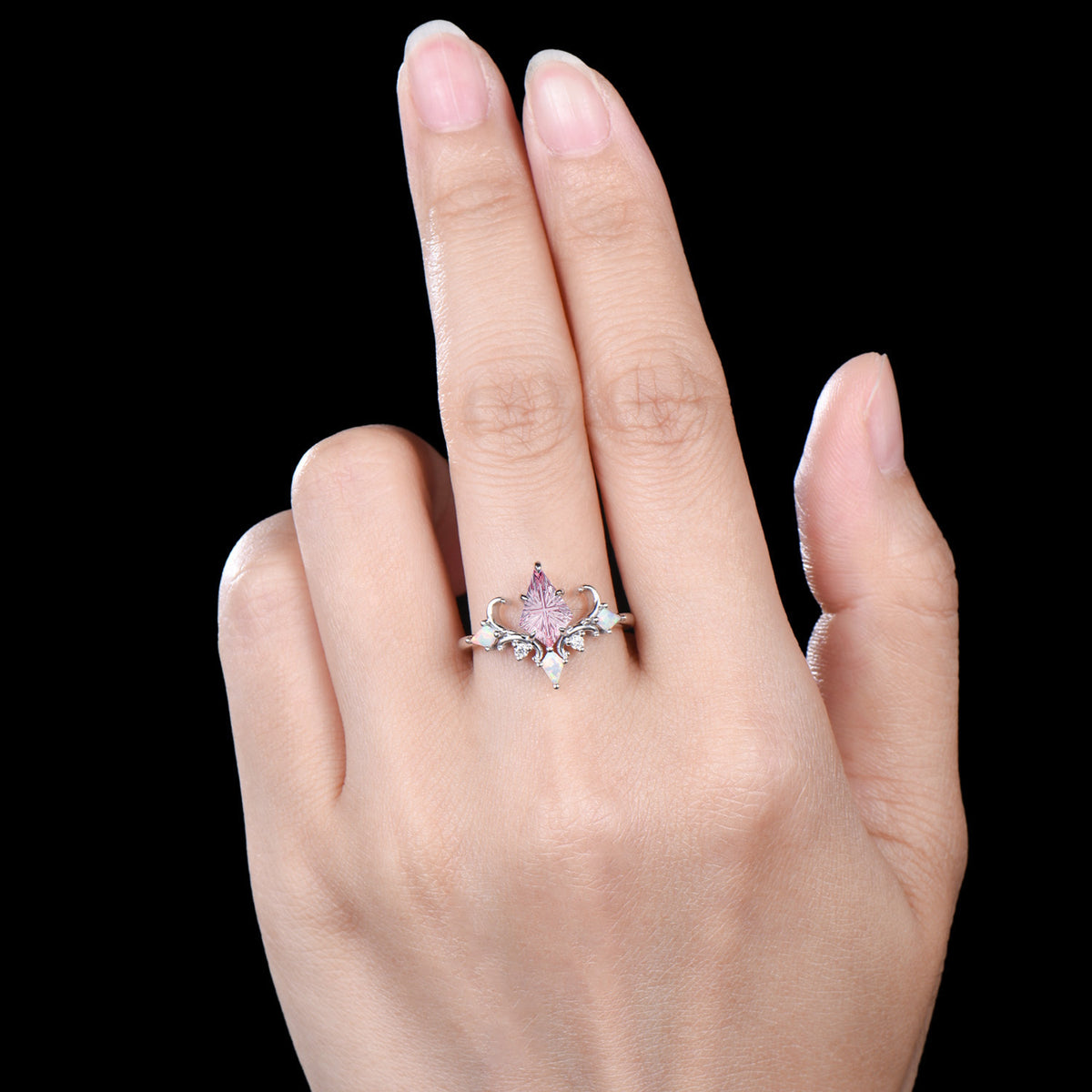 Art Deco Fantasy Cut Kite Shaped Padparadscha Sapphire Engagement Ring,White Opal Accent Ring