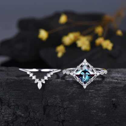 Princess Cut Color-change Alexandrite Engagement Ring Moissanite Curved Band Art Deco Bridal Set