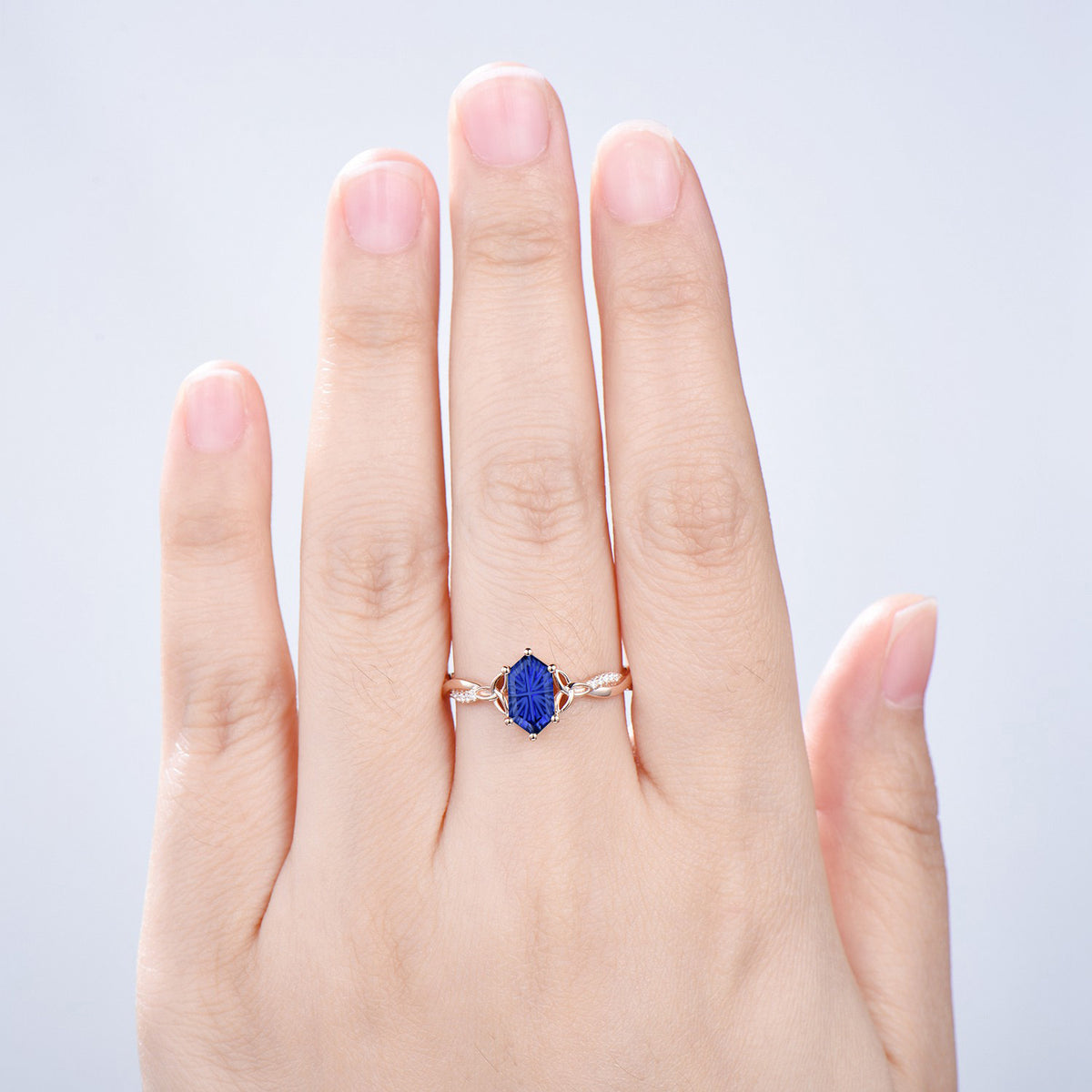 Long Hexagon Shaped Fantasy Cut Blue Sapphire Celtic Knot Engagement Ring