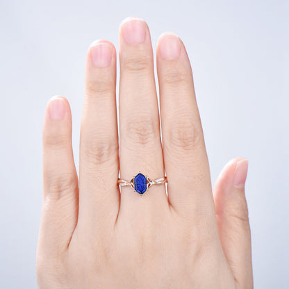 Long Hexagon Shaped Fantasy Cut Blue Sapphire Celtic Knot Engagement Ring