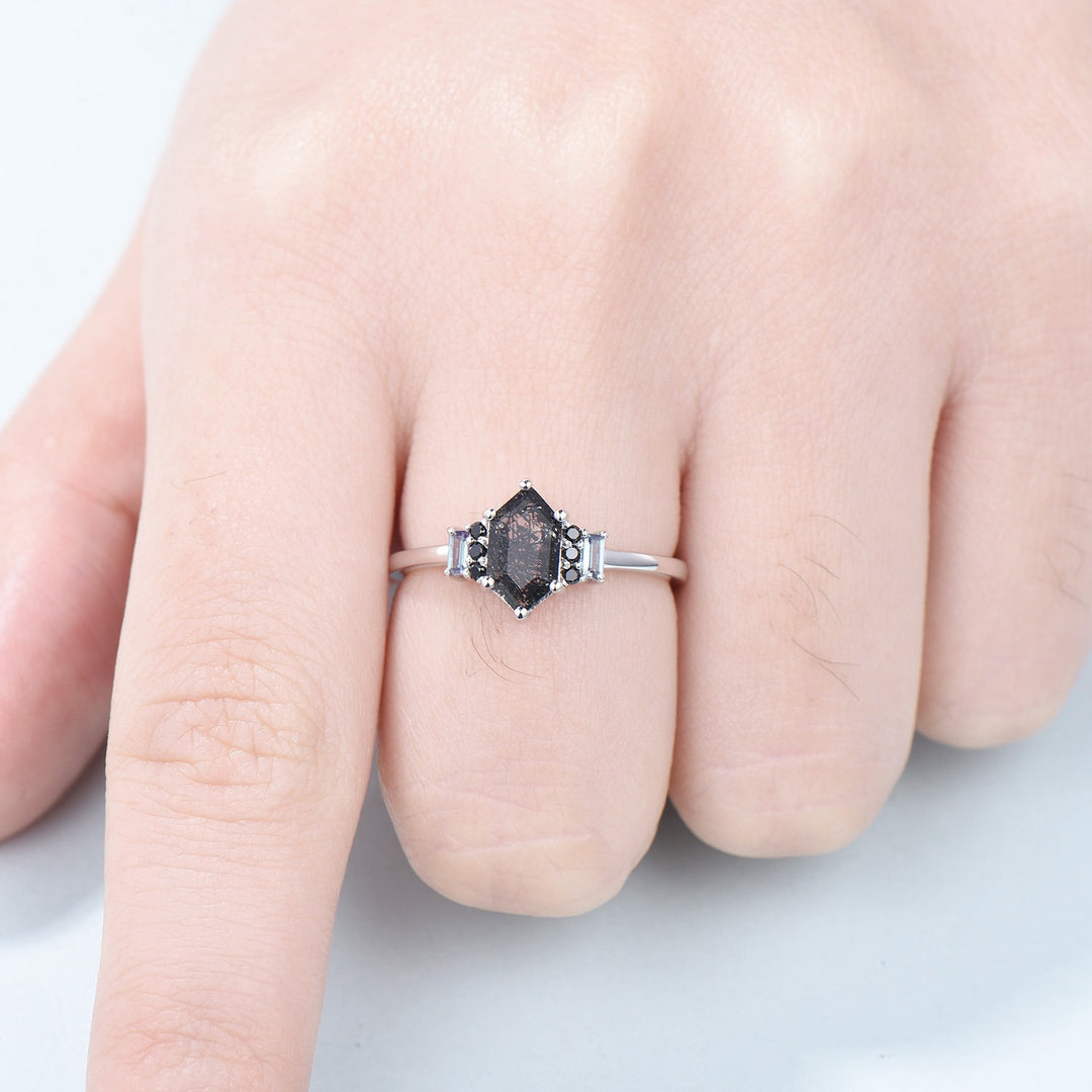 Vintage Long Hexagon Black Rutilated Quartz Engagement Ring  Black Gemstone Baguette Alexandrite Cluster Ring Unique Wedding Bridal Gift - PENFINE