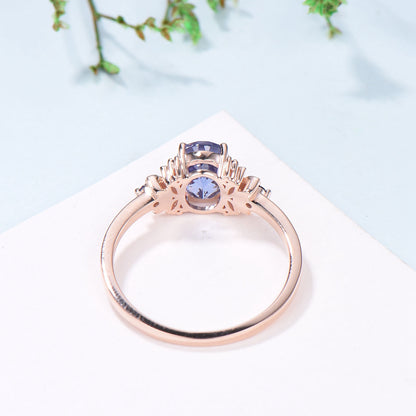 Unique Oval Natural Tanzanite Engagement Ring Cluster Sapphire Moon Wedding Ring Floral 14K Rose Gold Handmade Anniversary Proposal Gift - PENFINE