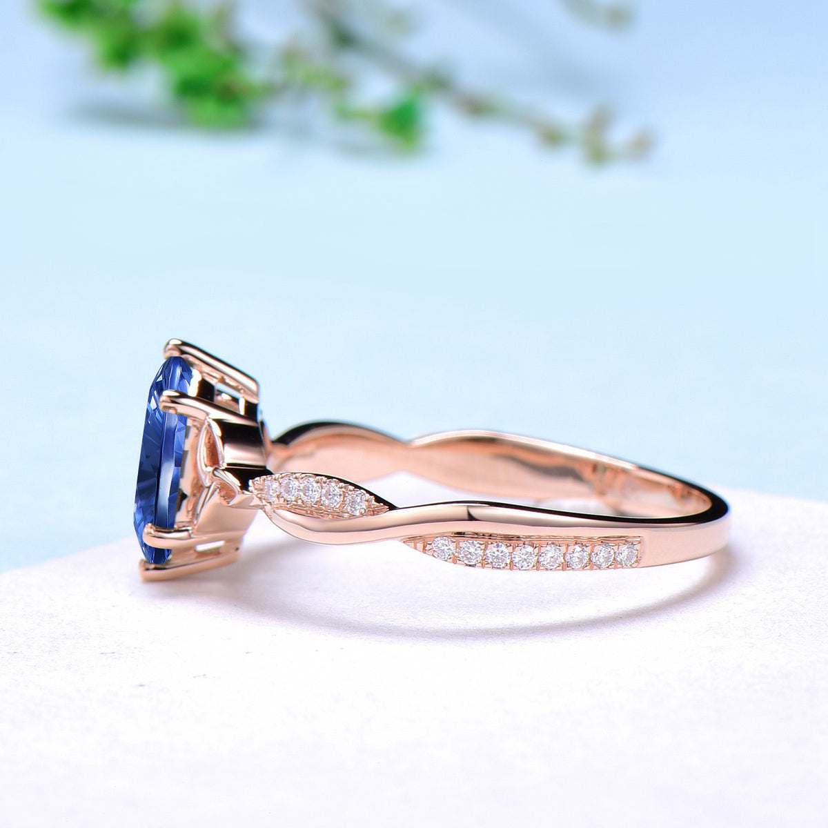 Long Hexagon Shaped Fantasy Cut Blue Sapphire Celtic Knot Engagement Ring