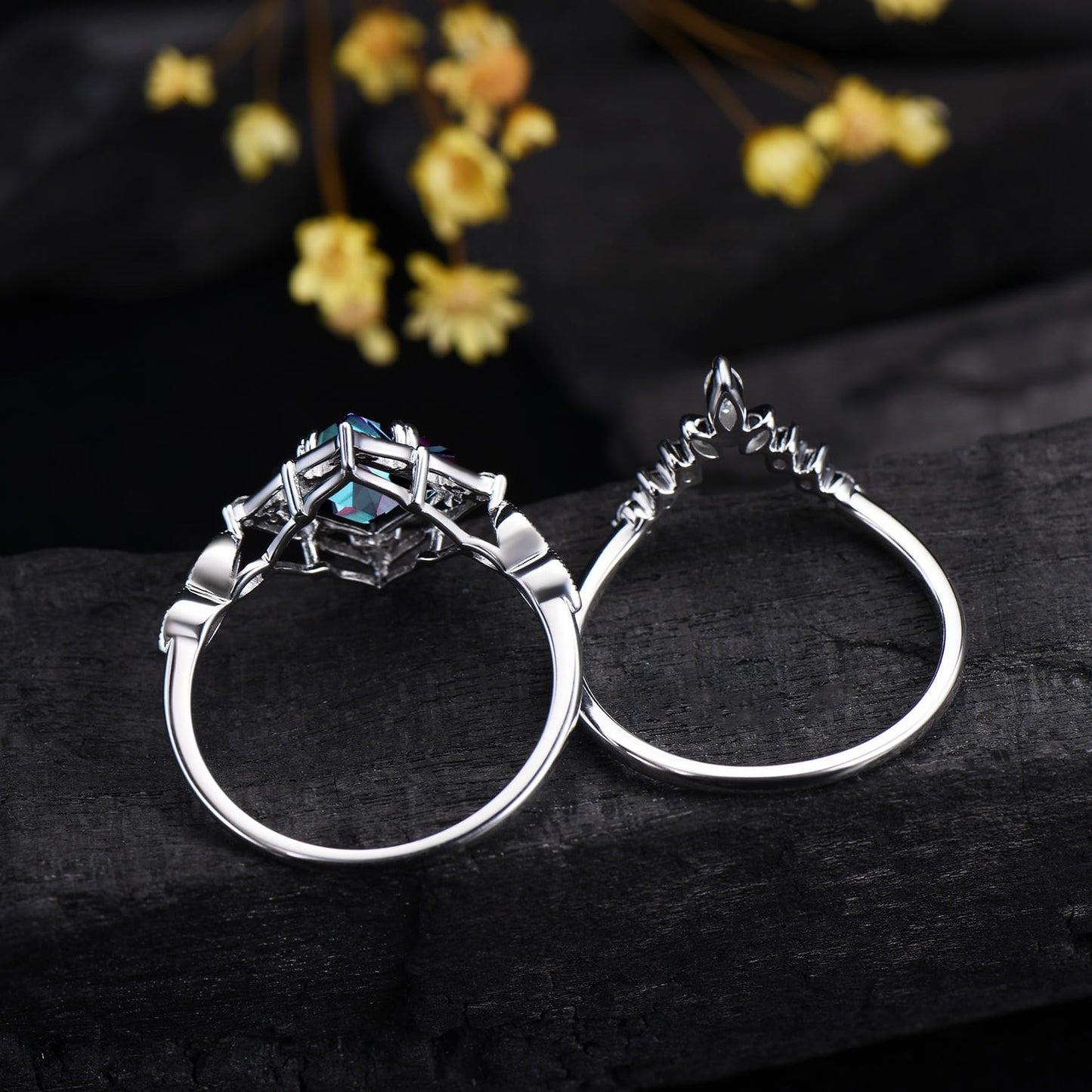 Princess Cut Color-change Alexandrite Engagement Ring Moissanite Curved Band Art Deco Bridal Set