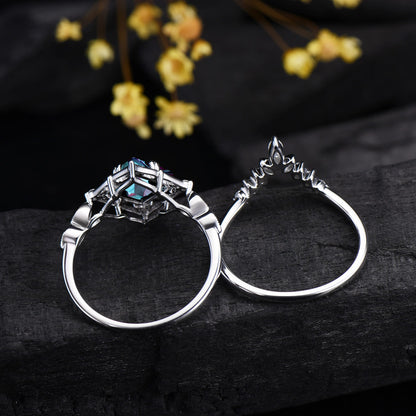 Princess Cut Color-change Alexandrite Engagement Ring Moissanite Curved Band Art Deco Bridal Set