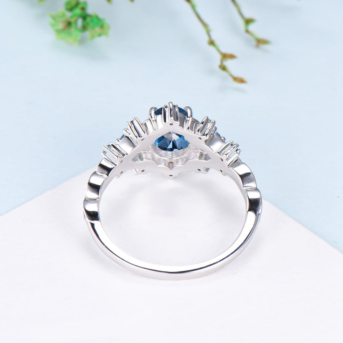 Vintage Oval London Blue Topaz Engagement Ring, Leaf Vine Blue Gemstone Cluster Ring, Flower Halo Promise Ring, Anniversary Gift for Her