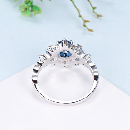 Vintage Oval London Blue Topaz Engagement Ring, Leaf Vine Blue Gemstone Cluster Ring, Flower Halo Promise Ring, Anniversary Gift for Her