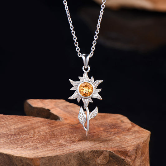 Celestial Round Cut Natural Citrine Sunflower Necklace Solitaire leaf Pendant Nature Inspired Anniversary Gifts For Girl