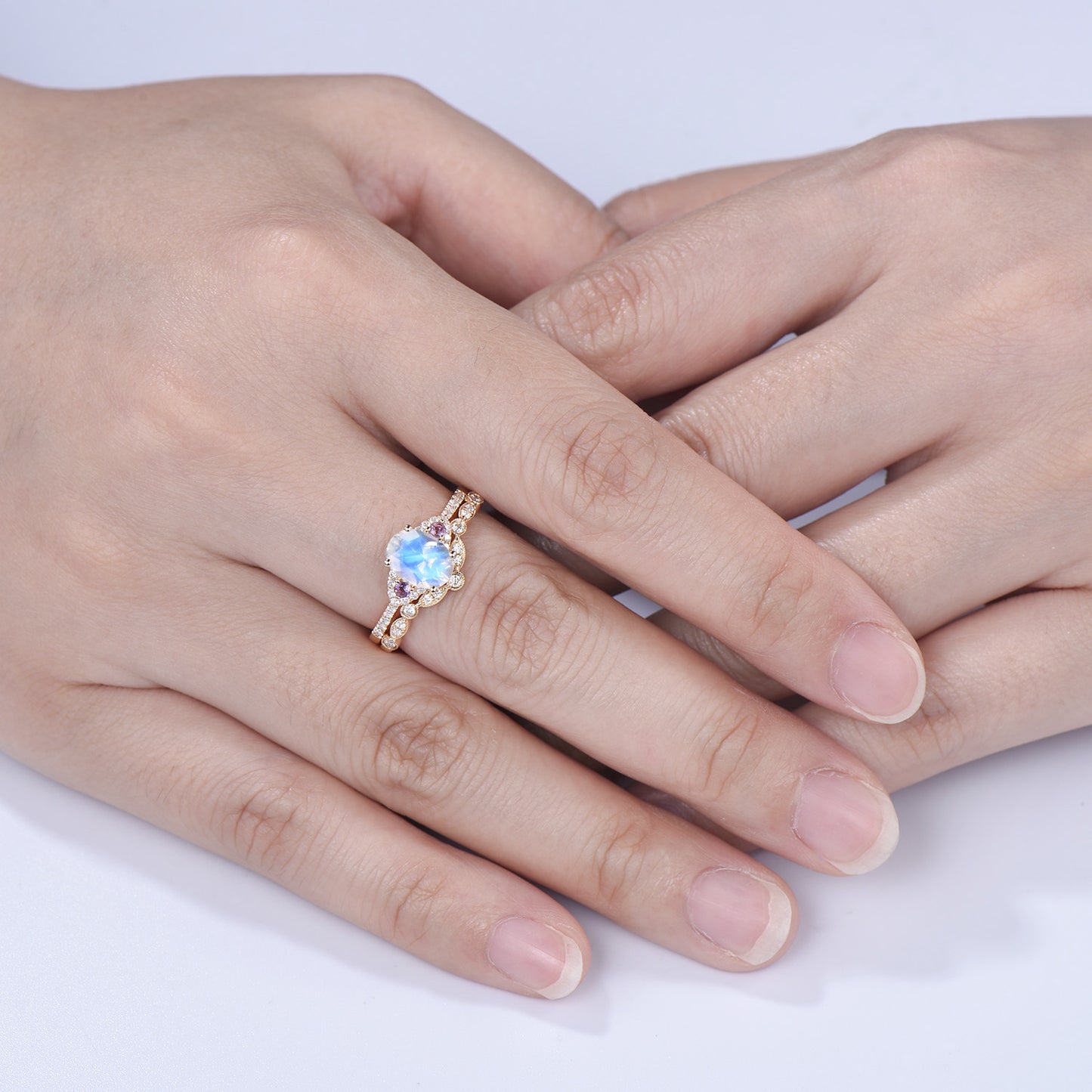 Vintage Moonstone Engagement Ring Set: 14K Gold, Amethyst Bridal Band