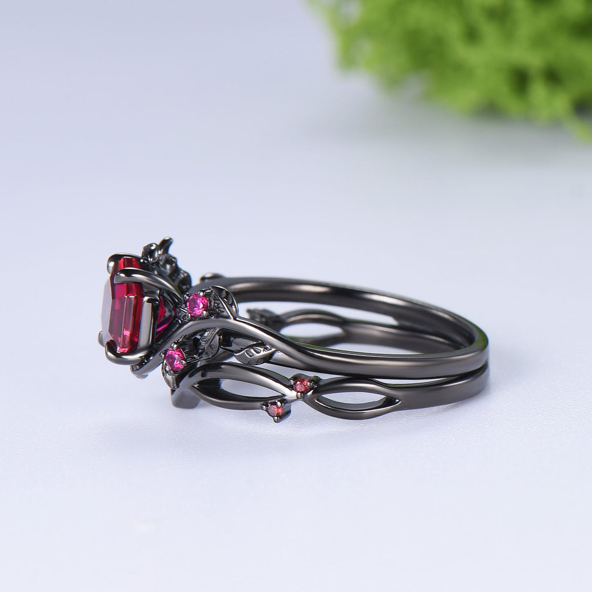 Nature inspired hexagon cut ruby wedding ring set black gold branch   twig vine engagement ring set