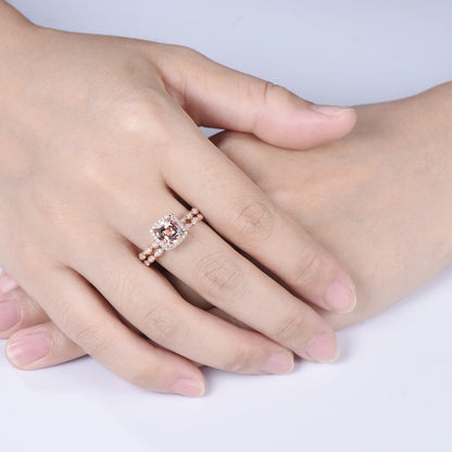 Cushion Cut Natural Morganite Engagement Ring Diamond Halo Bridal Set