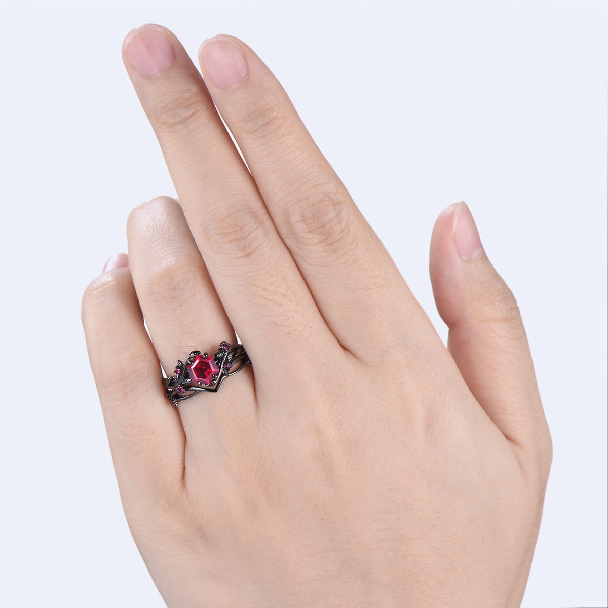 Nature inspired hexagon cut ruby wedding ring set black gold branch   twig vine engagement ring set