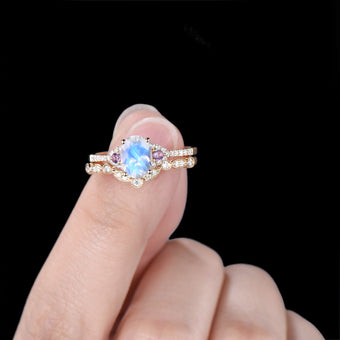 Vintage Moonstone Engagement Ring Set: 14K Gold, Amethyst Bridal Band