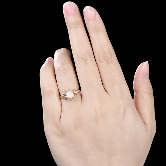 Hexagon Cut Opal Ring for women Vintage White Opal Engagement Ring Unique Nature Inspired Bridal Ring Leaf Vine emerald Wedding Bridal Ring