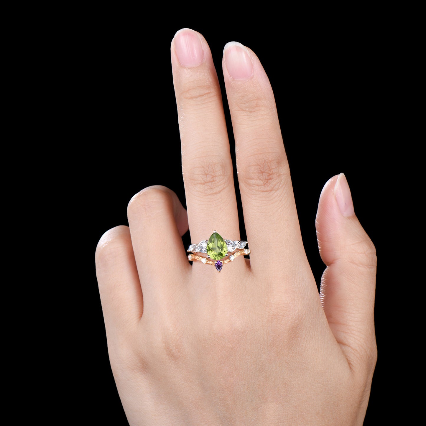 Pear Cut Peridot Engagement Ring Set Nature Inspired Gold Leaf Twig Bridal Set