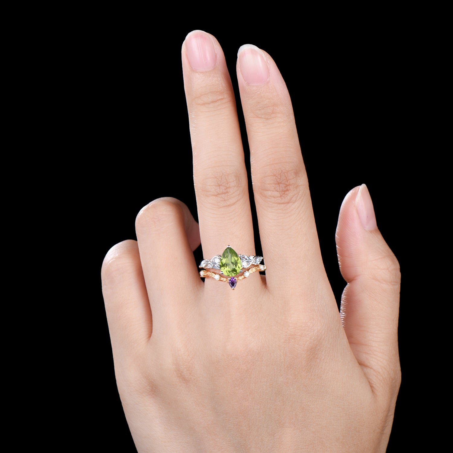Pear Cut Peridot Engagement Ring Set Nature Inspired Gold Leaf Twig Bridal Set