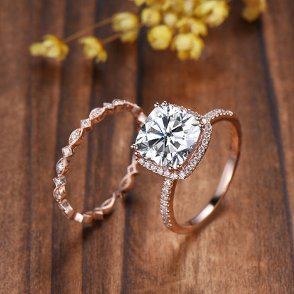 3ct Cushion Moissanite Engagement Ring Set, 14k Rose Gold Bridal Band