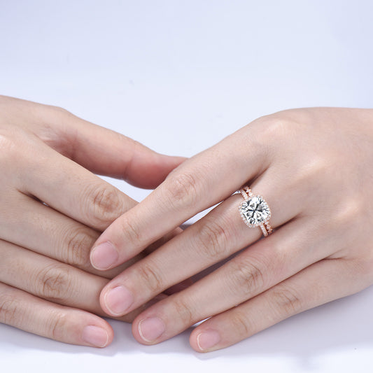 3ct Cushion Moissanite Engagement Ring Set, 14k Rose Gold Bridal Band