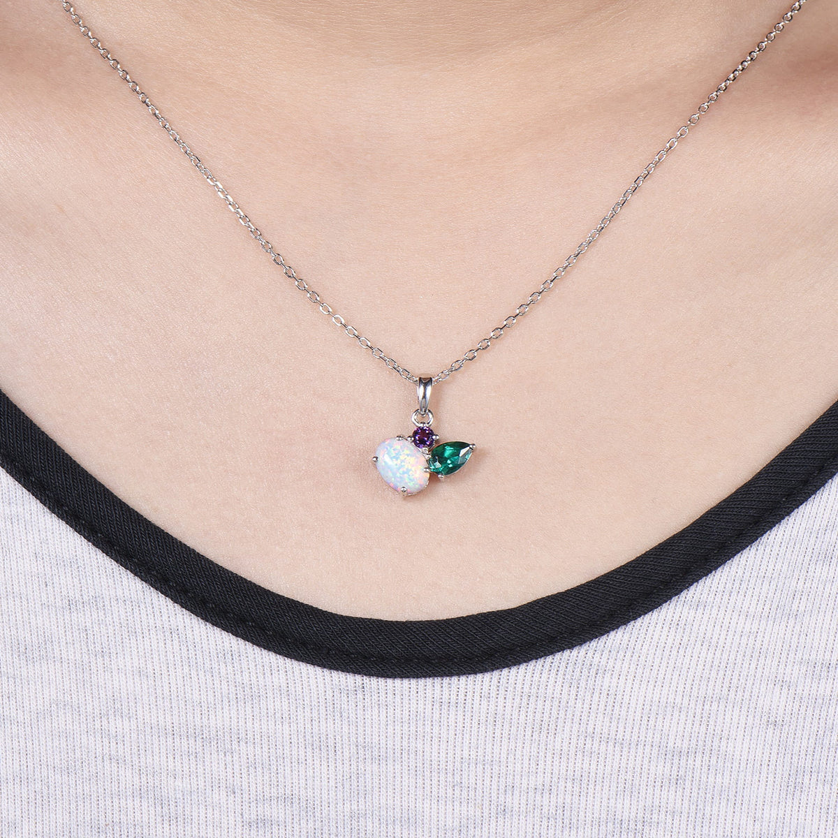 Minimalist Oval Opal Amethyst Emerald Pendant,Three Stone Drop Necklace