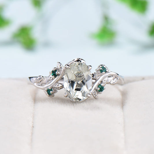 Nature Inspired oval green amethyst ring cluster engagement ring