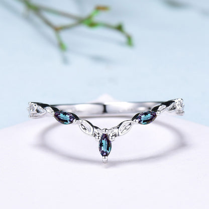Vintage Curved V alexandrite wedding band yellow gold leaf vine matching band women unique art deco stacking promise ring anniversary gift - PENFINE