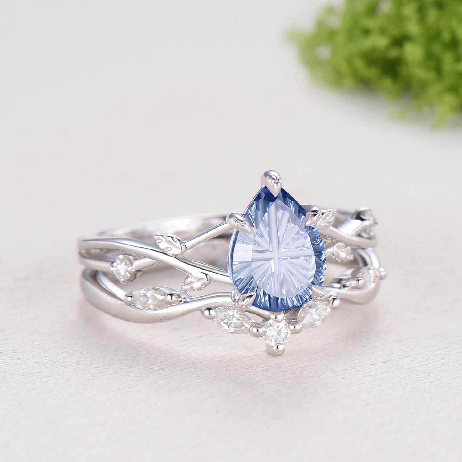 Cornflower Blue Lab Sapphire Engagement Ring Set | Pear Cut Starburst Twig Vine Wedding Set