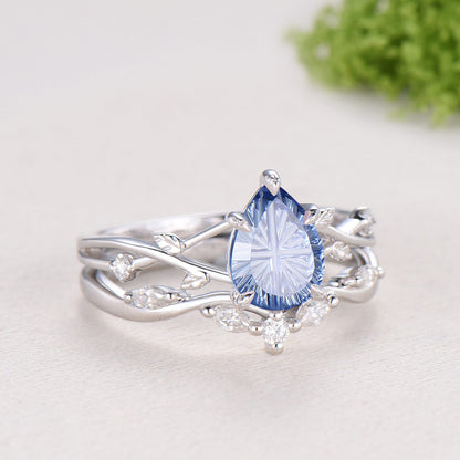 Cornflower Blue Lab Sapphire Engagement Ring Set | Pear Cut Starburst Twig Vine Wedding Set