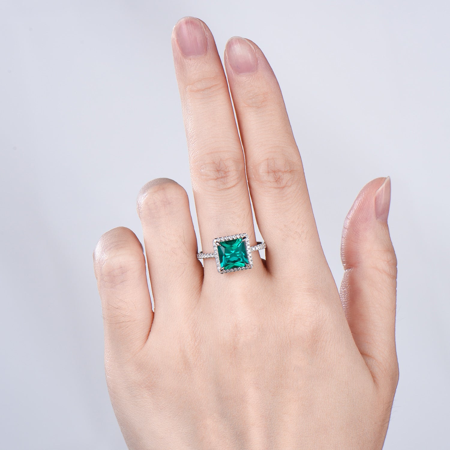 2.5 Carat Princess Cut  Emerald Halo Diamond Engagement Ring 14k White Gold Retro Basket Setting Wedding Bridal Set May Birthstone