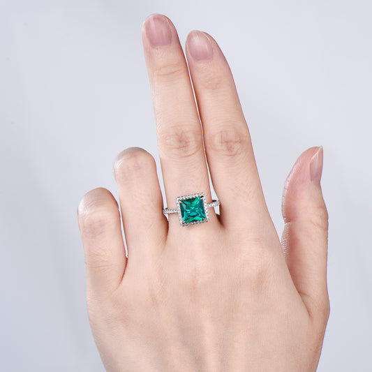 2.5 Carat Princess Cut  Emerald Halo Diamond Engagement Ring 14k White Gold Retro Basket Setting Wedding Bridal Set May Birthstone
