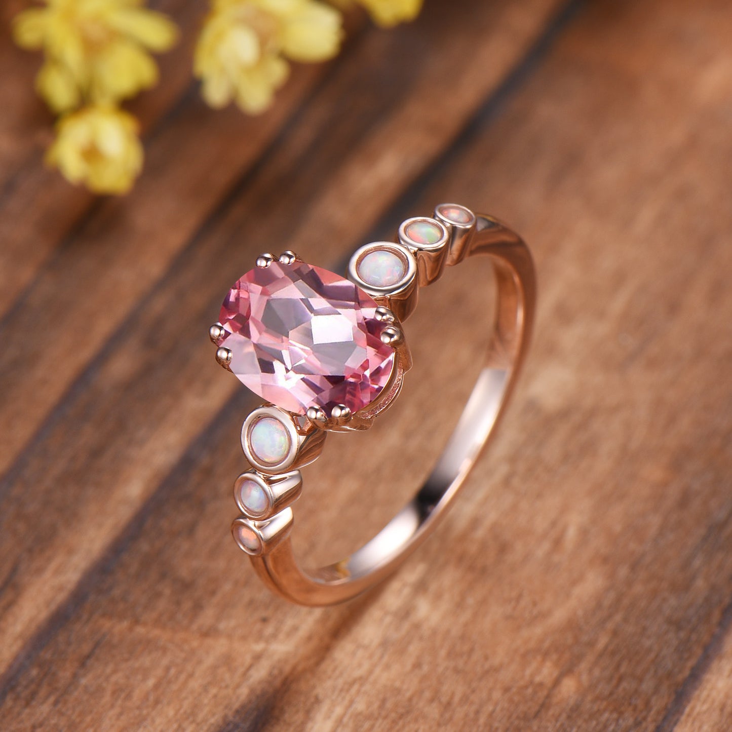 Oval Padparadscha Sapphire Ring with White Opal Band ¨C Engagement Bridal Ring