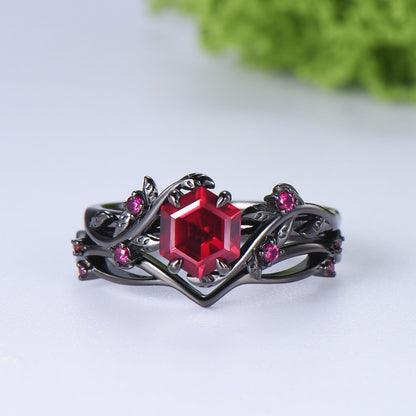 Nature inspired hexagon cut ruby wedding ring set black gold branch   twig vine engagement ring set
