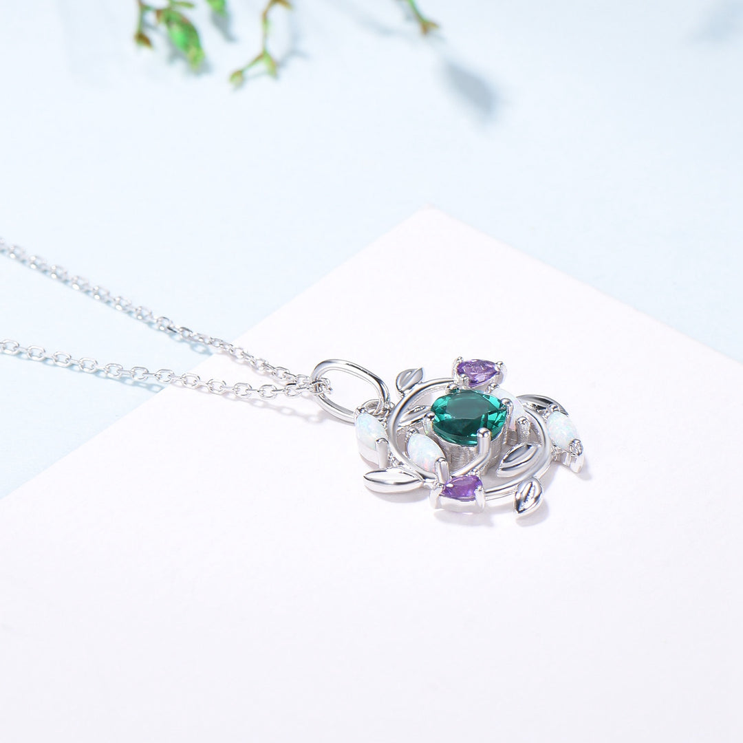 Handmade Gold Emerald Necklace: Opal, Amethyst, Floral Pendant - PENFINE