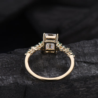 Vintage Emerald Cut Moissanite Engagement Ring Unique Marquise Moss Agate Moissanite Wedding Ring Art Deco Minimalsit Anniversary Ring Gift