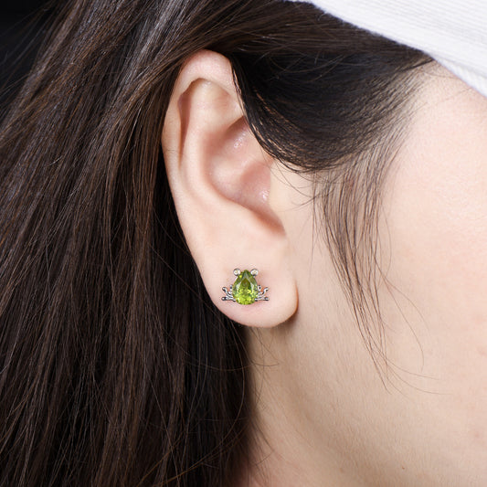 Pear Cut Peridot Frog Earrings, Citrine Accent, Gold Studs