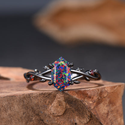 Long Hexagon Black Opal Engagement Ring Gothic Twig Vine Leaf Cluster Garnet Ring