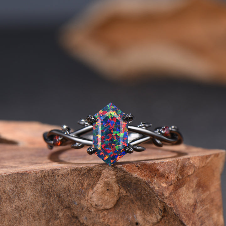 Long Hexagon Black Opal Engagement Ring Gothic Twig Vine Leaf Cluster Garnet Ring
