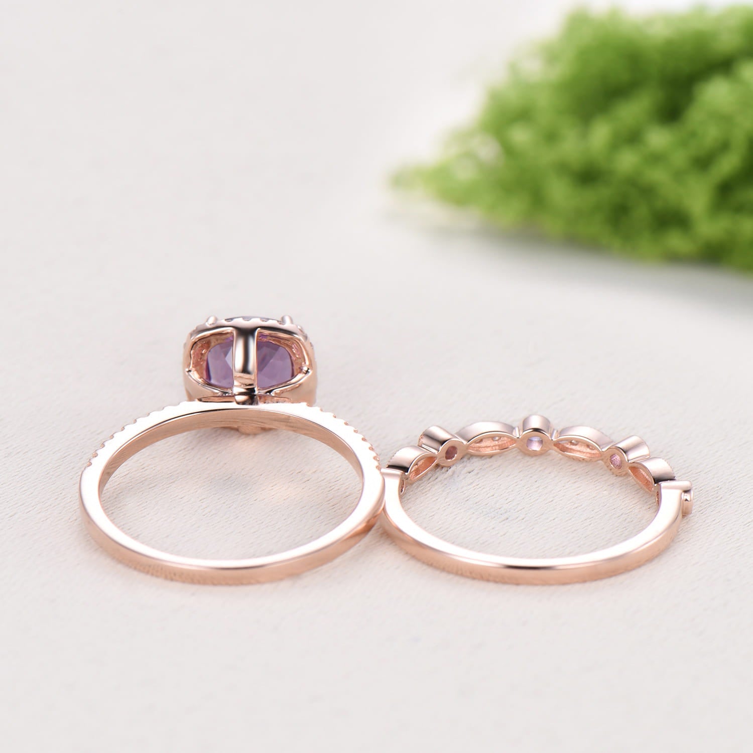 Cushion cut amethyst wedding ring set 14k rose gold vintage antique amethyst engagement ring set for women Art deco halo diamond bridal set - PENFINE