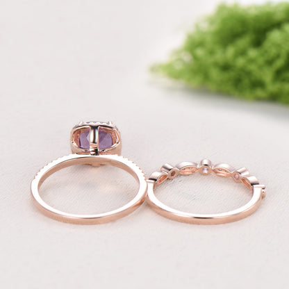 Cushion cut amethyst wedding ring set 14k rose gold vintage antique amethyst engagement ring set for women Art deco halo diamond bridal set - PENFINE