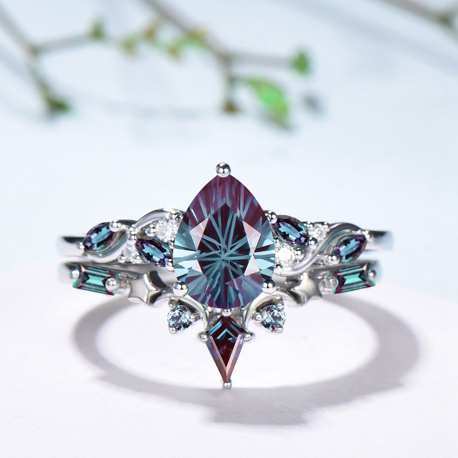 Nebula Teardrop Fireworks Cut Alexandrite Crown Engagement Ring