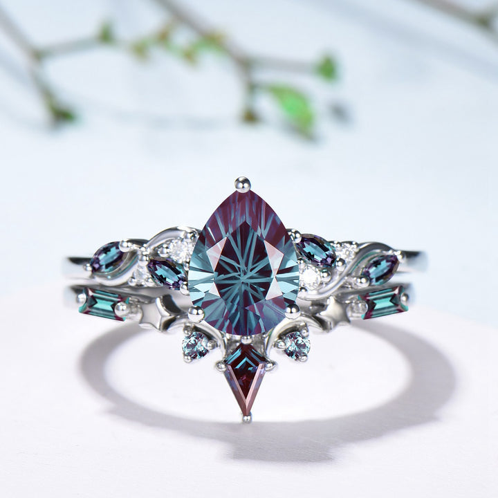 Nebula Teardrop Fireworks Cut Alexandrite Crown Engagement Ring Set: Moon Star Stacking Band - PENFINE
